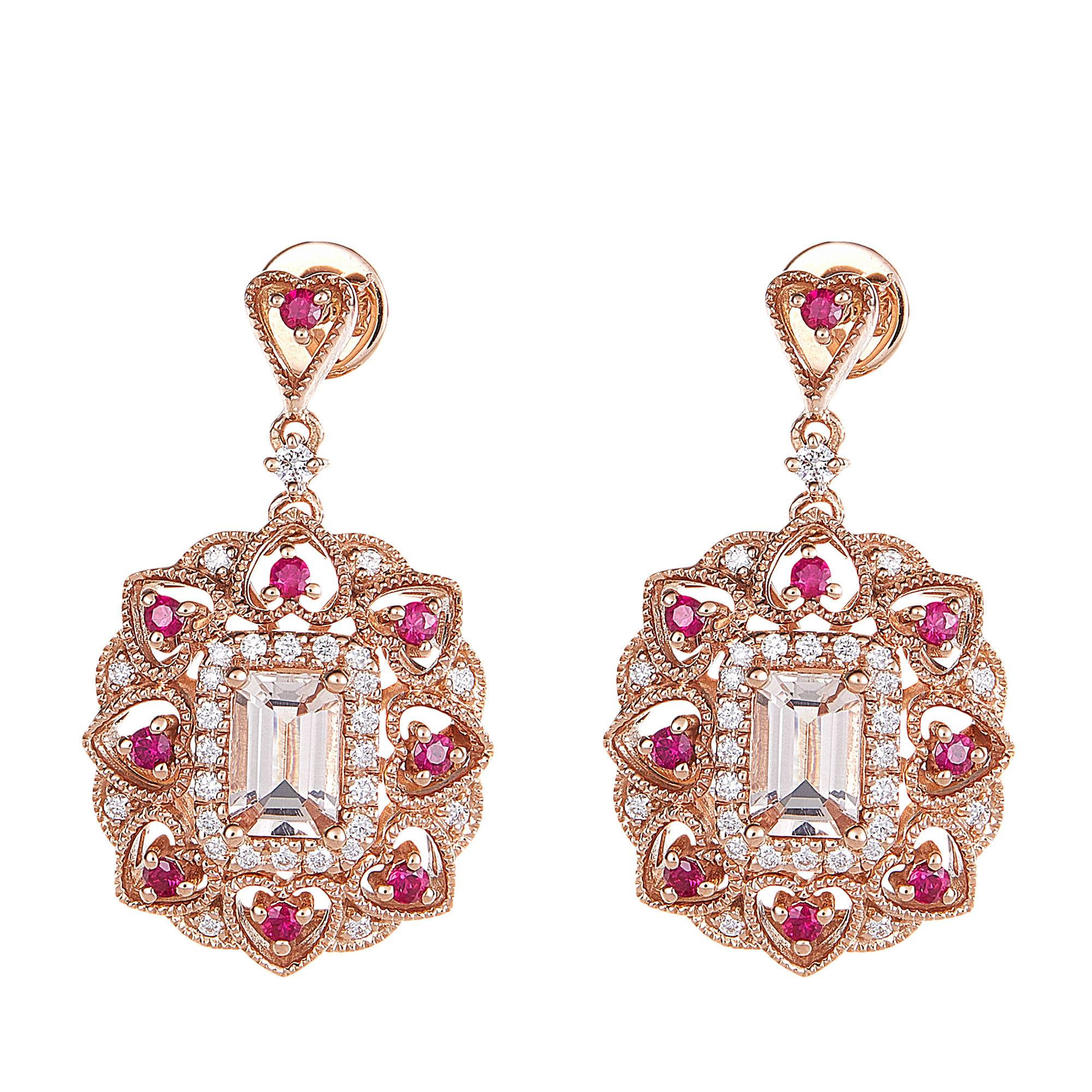 Emerald Cut Morganite and Ruby Round Diamond Earrings in 375/9K Rose